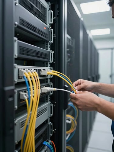 Environmental wide shot of a server and network rack room, patch panels and cable bundles organized in the foreground, a technician's hands visible at the right edge connecting a fiber patch cord, natural overhead fluorescent lighting, depth of field showing rows of racks receding into the background