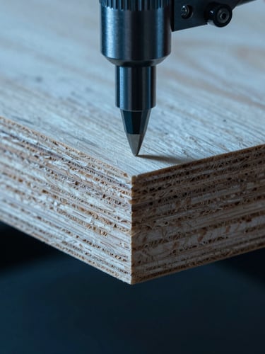 Extreme macro shot of a calibrated micrometer measuring the edge of a multi-layered plywood panel, high-contrast industrial studio lighting, cool blue tones, showing dense wood grain structures and zero-void core.