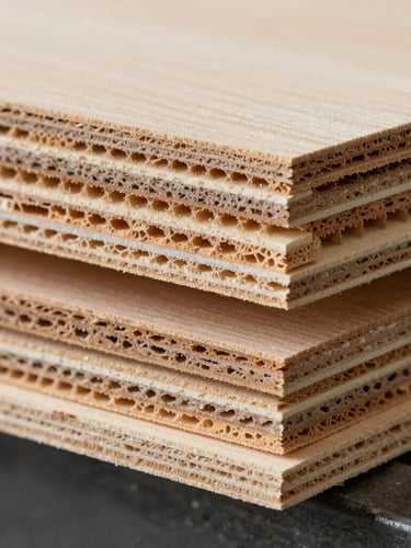 Extreme macro cross-section of a multi-ply wood panel, showing high-density zero-void core layers, cool industrial lighting, sharp focus on calibrated edge tolerances.