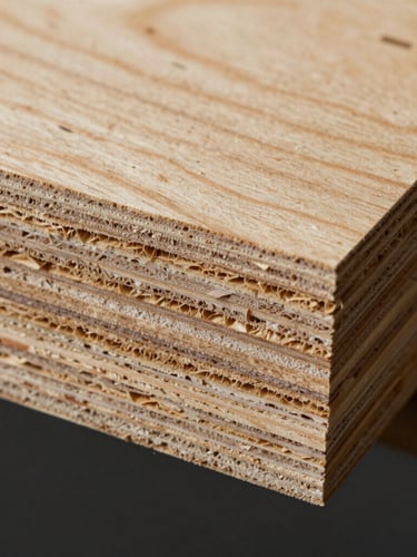 Extreme macro cross-section of multi-layered structural plywood, showing zero-void core density and precise veneer alignment, cool industrial studio lighting.