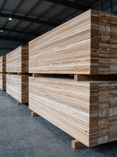 Wide-angle cool-toned industrial warehouse bay with high-contrast stacks of raw birch veneer sheets, precise edges aligned, overhead factory lighting, negative space on the left third