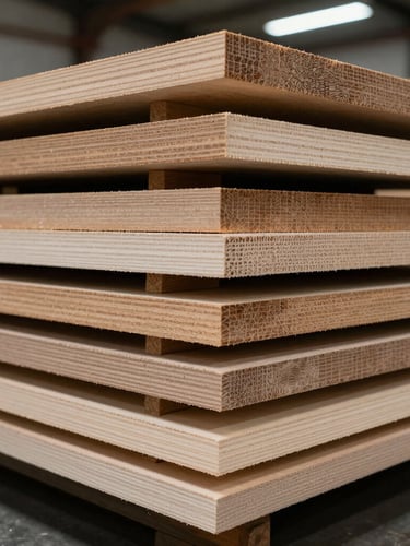 High-contrast macro shot of stacked raw veneer flitches in a cool-toned industrial warehouse bay, showing tight grain profiles and calibrated edges.