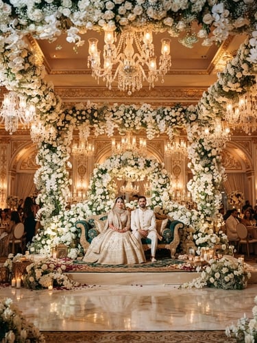 Wide-angle luxury editorial photography of a grand Indian wedding stage with cascading white floral decor and crystal chandeliers, golden-hour ambient light, medium format film