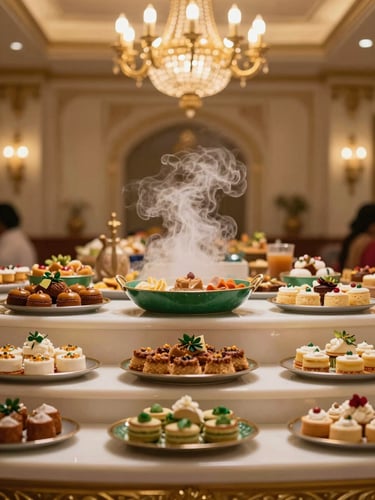 Gourmet luxury food styling of Indian wedding delicacies, live chaat counter with steam rising, beautifully plated desserts, warm golden lighting, editorial photography