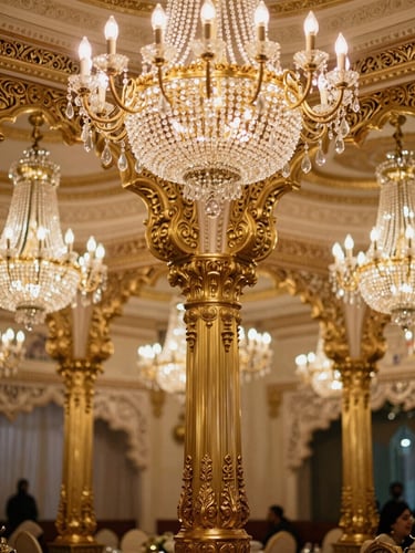 Close-up editorial photography of intricate gold-carved pillars and glowing crystal chandeliers inside a luxury Indian banquet hall, warm ambient lighting