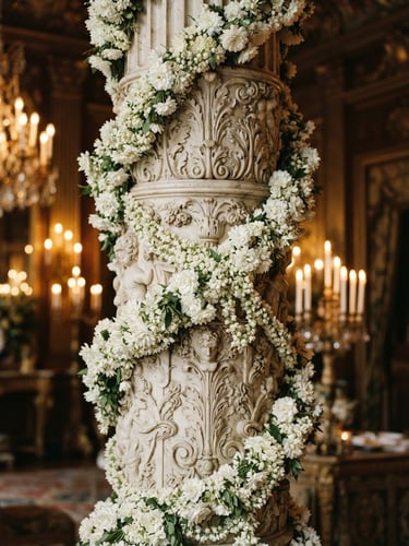 A majestic close-up of a carved marble pillar draped in fresh white marigolds, warm golden candlelight glowing in the background, luxury editorial photography.