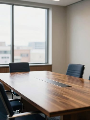 A quiet, high-end professional office boardroom in Salt Lake City, soft natural window light reflecting off a polished wood table, clean minimalist architecture, editorial corporate photography style