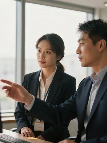 Two professionals in a modern office, one gesturing towards a screen, the other listening intently, soft natural window light, deep navy and warm gold tones, shallow depth of field, 35mm lens.