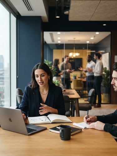 A modern, high-end office interior with soft natural light, a blurred team collaborating in the background, deep navy and warm gold tones, shallow depth of field, 35mm lens.
