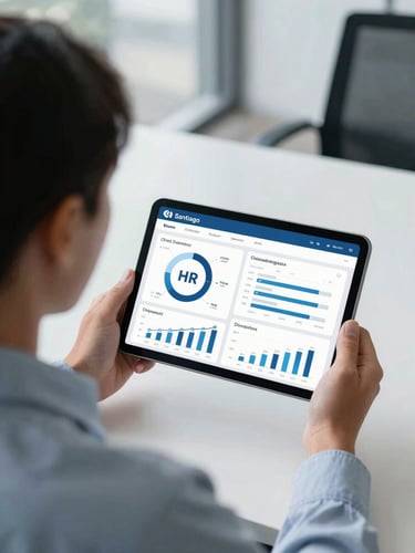 Over-the-shoulder view of a corporate professional analyzing clean HR dashboards on a tablet, bright Santiago office daylight, cool blue tones, 35mm