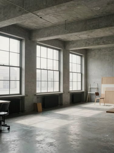 A wide, candid environmental shot of a modern architectural studio space with clean lines, concrete walls, large windows letting in soft natural light, and minimal furniture.