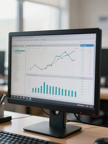 Close-up of a clean financial dashboard showing utilization metrics on a physical monitor in a bright, natural-lit studio space.