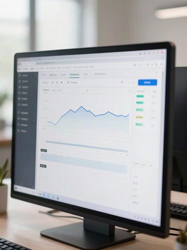 A close-up of a clean digital interface showing a financial dashboard on a physical screen, bright natural indirect daylight with soft shadows, minimalist office setting.