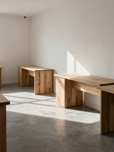 Wide-angle architectural detail of a modern, sunlit design studio in New York, clean concrete floors, minimalist oak desks, soft natural light casting long shadows.