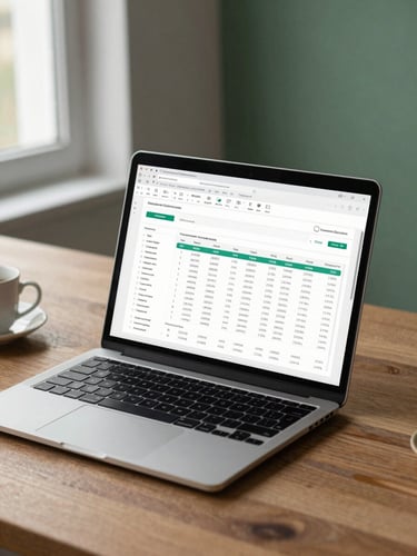 A portrait crop of a modern, organized creative director's desk. A physical laptop screen displays a clean financial model under soft, indirect window light. Minimalist aesthetic with warm wood and forest green accents.