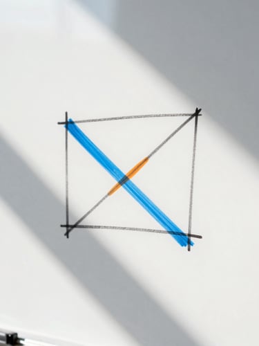 Extreme close-up of a clean whiteboard with sharp geometric diagrams drawn in black marker, crisp daylight casting long geometric shadows, 35mm