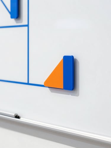 Extreme close-up of a crisp whiteboard with clean geometric diagrams and sharp shadows, vivid blue accents, clean white background, 35mm