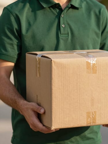 Close-up of a professional courier in a dark green uniform holding an unmarked, thick brown paper package, warm golden hour light, shallow depth of field.