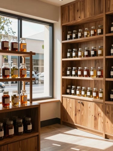 Warm wood-paneled interior of a premium cannabis apothecary storefront, soft natural daylight streaming through large windows, clean glass jars on oak shelves
