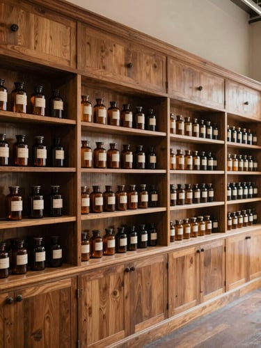 Wide environmental interior shot of a warm, wood-paneled apothecary storefront on 16th St NE, shelves lined with amber glass jars, soft diffused natural daylight, no people.