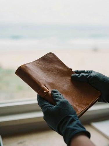 Gloved hands of a student holding a vintage leather-bound ledger under natural window light, soft focus, archival preservation workshop