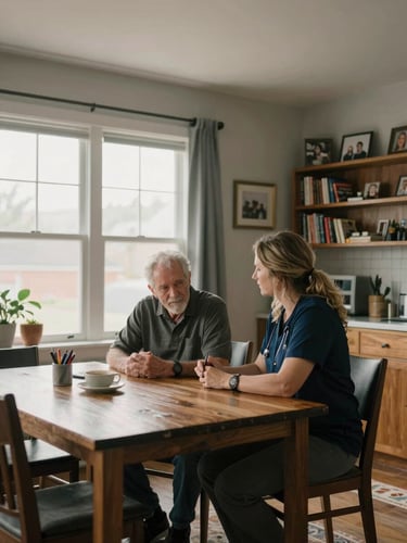 Wide environmental shot inside a Denver living room, a caregiver seated beside an older man at a kitchen table, natural overcast window light from the left, bookshelves and family photos visible in the background, medium-close framing