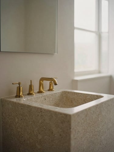 Detail of a minimalist bathroom vanity, honed travertine stone basin, unlacquered brass fixture, soft overcast light