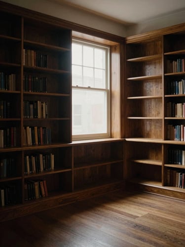 Wide-angle environmental shot of a quiet, empty residential library with built-in dark oak shelving, overcast window light
