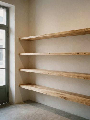 Empty minimalist retail interior, limewashed walls, floating oak shelves, warm natural daylight
