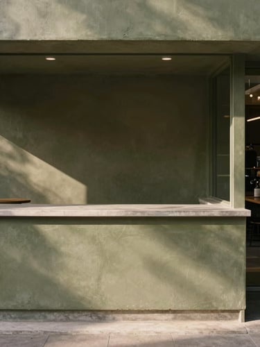 Straight-on architectural elevation of a minimalist cafe counter, olive green plaster, raw concrete, soft morning light