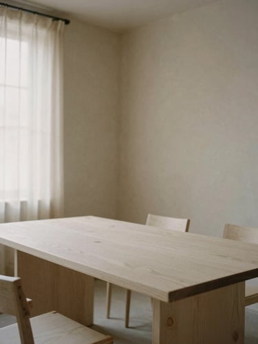 Minimalist dining room, solid white oak table, plaster walls, soft natural light filtering through sheer linen curtains