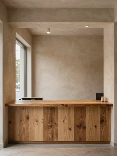 Straight-on architectural elevation of a serene boutique storefront interior, warm plaster walls, raw wood counter, soft natural window light, muted earth tones, 35mm film texture