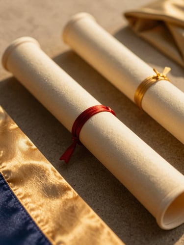 Close-up of textured diploma tubes and high-quality colored satin sashes of graduation gowns, soft golden hour backlighting, warm sand tones.
