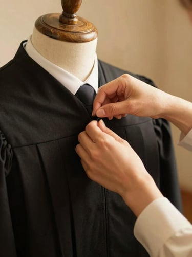 Hands of an artisan tailor meticulously adjusting the collar of a premium black academic gown, warm natural studio light, shallow depth of field, 35mm