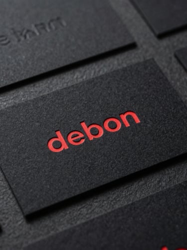 Editorial portrait format close-up of physical brand collateral, sleek black business cards with debossed crimson typography resting on a dark slate surface, moody lighting.
