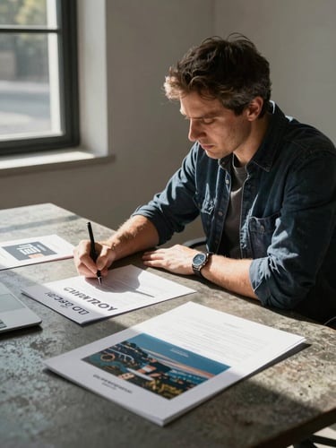 Candid editorial portrait of a founder looking at physical brand collateral on a dark concrete table, sharp late-afternoon sunlight cutting through a window, deep shadows.