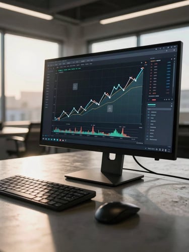 Tight, dynamic angle of a dark-mode digital dashboard displaying climbing growth charts on a high-end monitor, reflected in a polished concrete war-room table, dramatic late-afternoon sunlight cutting through office windows.
