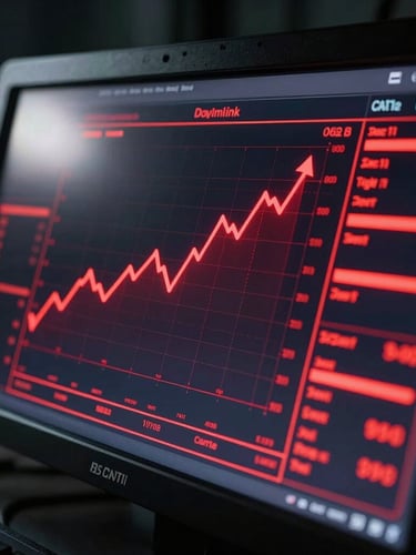 Dynamic high-contrast close-up of a digital dashboard on a screen in a dark war-room, glowing red data lines and upward trends reflecting on a glass surface, moody key light.