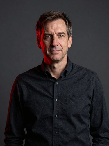 High-contrast editorial portrait of a founder in a moody studio setting, strong key light, deep shadows, red accent lighting.