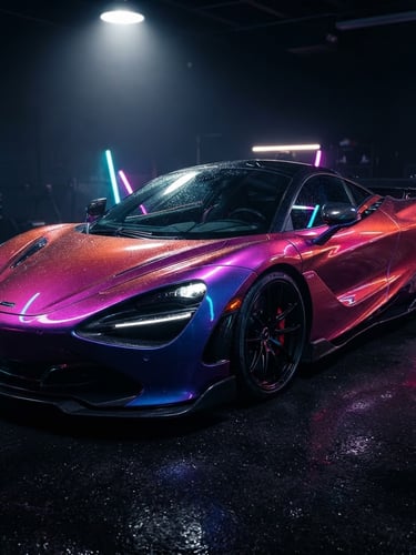 Dramatic three-quarter view of a sports car with a vibrant color-shift liquid wrap, high-contrast studio lighting, deep shadows, neon light reflections on the body panels, 50mm.