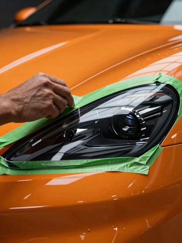 Extreme close-up of a technician applying green masking tape to a sports car headlight edge, dramatic studio lighting, high-contrast neon orange reflections, 50mm