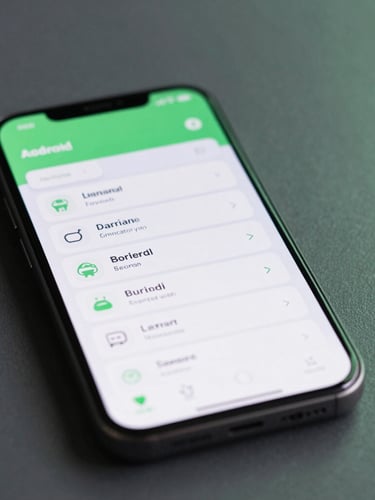 Sleek tech photography of a high-fidelity mobile UI mockup on a physical Android device, cool studio lighting with subtle green neon accents, crisp details, 35mm