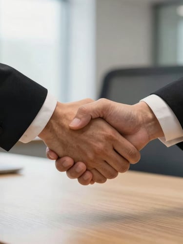 Close-up of two professional hands shaking warmly over a clean wooden table in a corporate office, soft focus daylight background