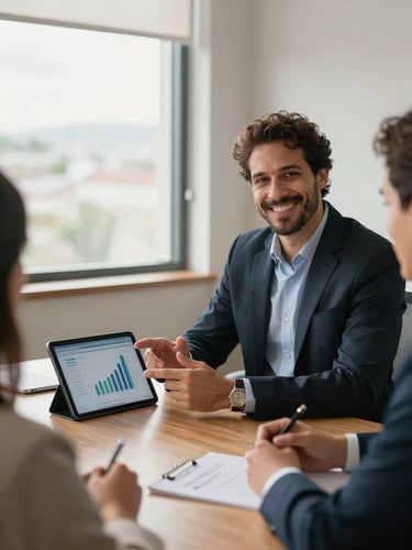 A warm, bright modern Brazilian office meeting room. A professional financial advisor sits calmly at a table, smiling reassuringly, gesturing toward a tablet screen showing clear graphs. Soft natural light filters through a large window.
