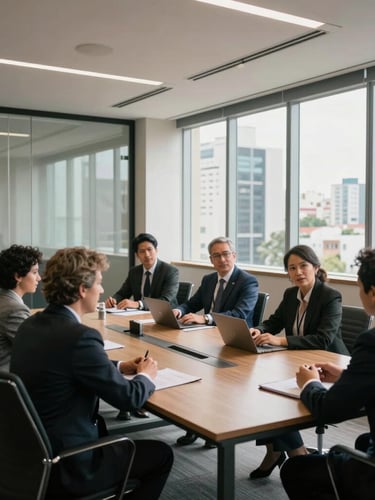 Medium-wide environmental shot of a professional, modern corporate office in São Paulo, collaborative negotiation tables, natural bright daylight filtering through large windows, architectural lines projecting stability.