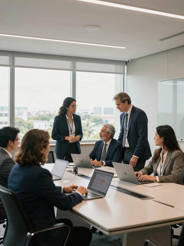 Medium-wide environmental shot of a bright, modern corporate boardroom in Brazil, natural daylight filtering through large windows, professionals collaborating around a clean table, professional and stable atmosphere.
