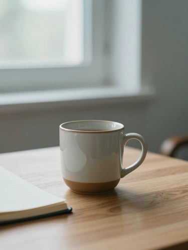 Close-up of a psychologist's workspace, a warm ceramic mug on a wooden desk next to a notebook, soft side lighting from a window, peaceful clinical atmosphere