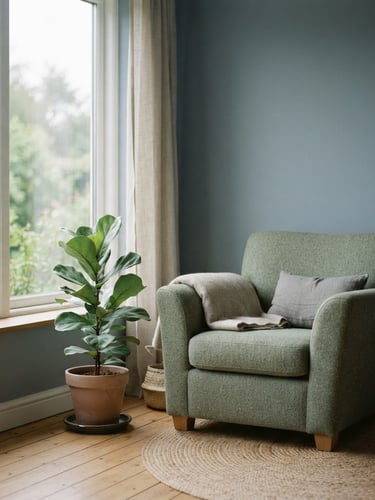 Minimalist interior with soft natural light, a comfortable armchair next to a window with a green plant, calm and peaceful atmosphere, 35mm photography