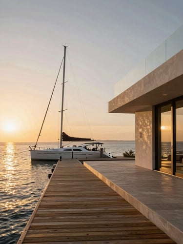 Wide-angle architectural rendering of a minimalist villa deck in Paracas at sunset, a sleek sailboat docked alongside a private wooden pier, golden hour warm light reflecting on the calm bay water.