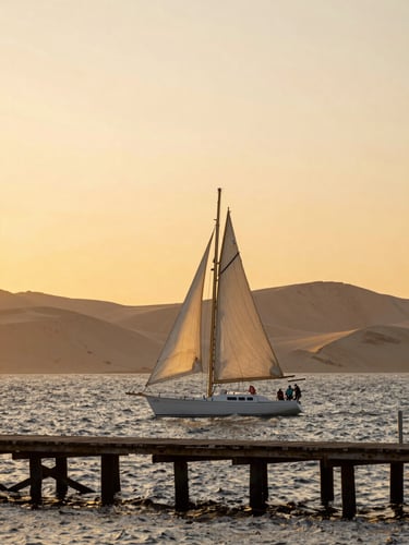 Vista vertical de la bahía de Paracas al atardecer, un velero moderno con velas recogidas flotando junto a un muelle privado de madera, el desierto de fondo bajo una luz dorada y cálida.